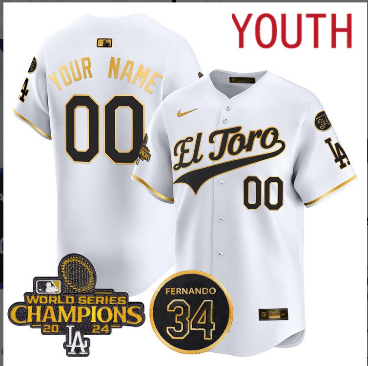 Youth MLB Los Angeles Dodgers Custom white 2024 World Series Champions Patch Cooperstown Jersey style 3